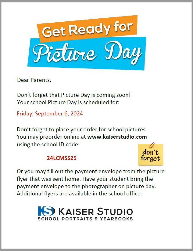 Picture Day reminder for September 6